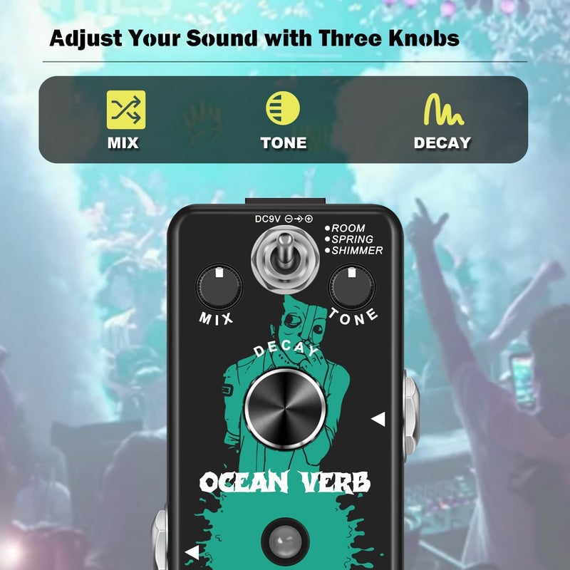 AFOT Digital Reverb Guitar Pedal, Digital Reverb Ocean Verb Effects Pedal 3 Modes Room,Spring,Shimmer for Electric Guitar Bass Mini Size True Bypass - Image 3